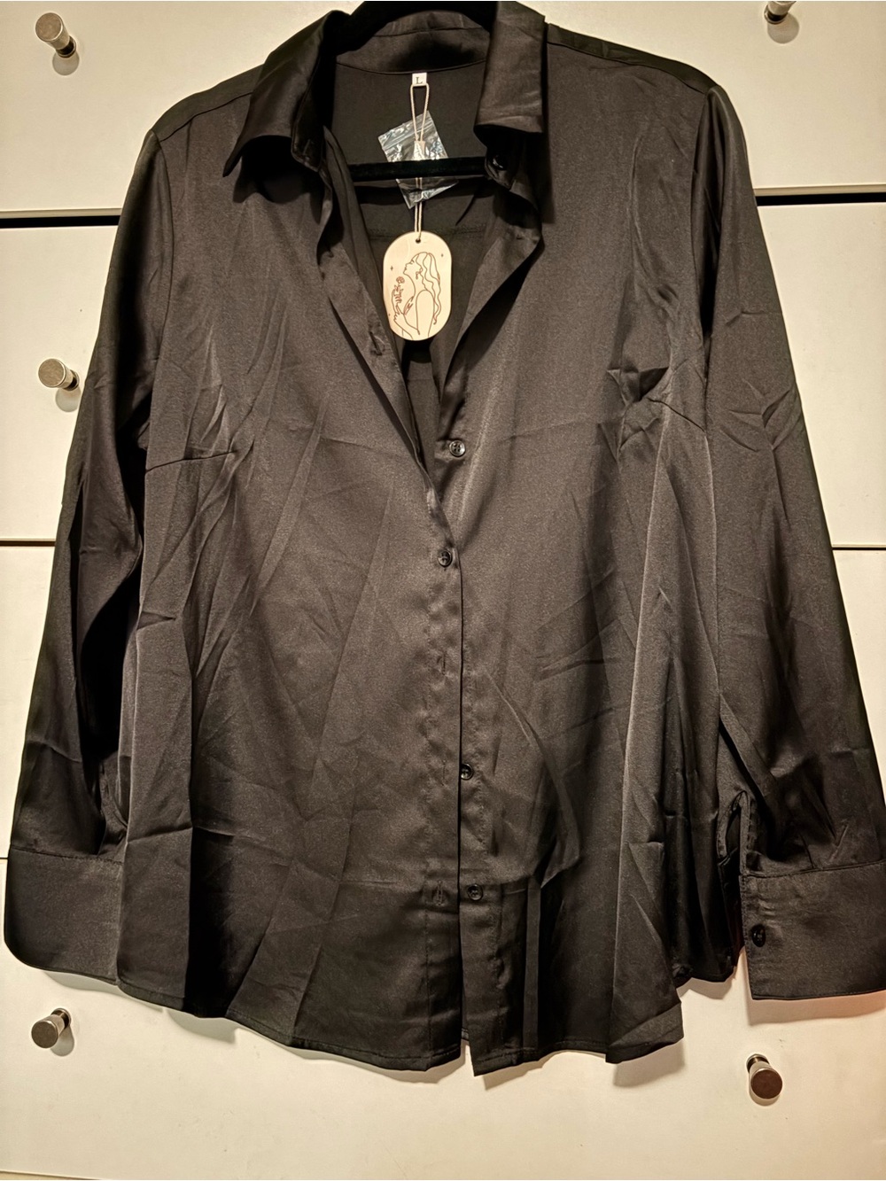 Amazon Essentials Black Satin Button-Up Blouse